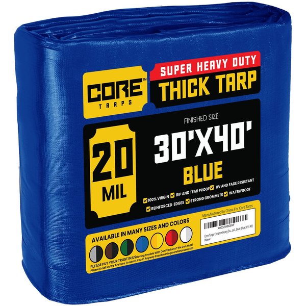 Core Tarps 40 ft L x 0.5 mm H x 30 ft W Heavy Duty 20 Mil Tarp, Blue, Polyethylene CT-705-30X40